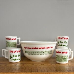 Vintage Hazel Atlas Holiday Milk Glass Punch Bowl with Mugs Jingle Bells Egg Nog